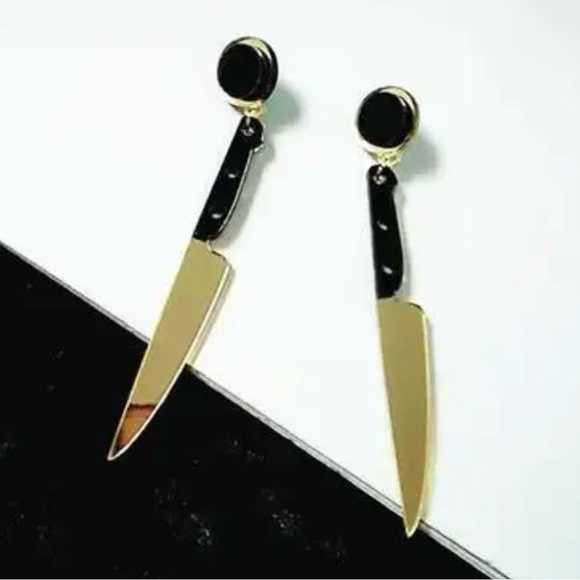 Spooky Gold Black Knife Earrings Creepy Goth Halloween Cosplay Statement Jewelry - Picture 2 of 10